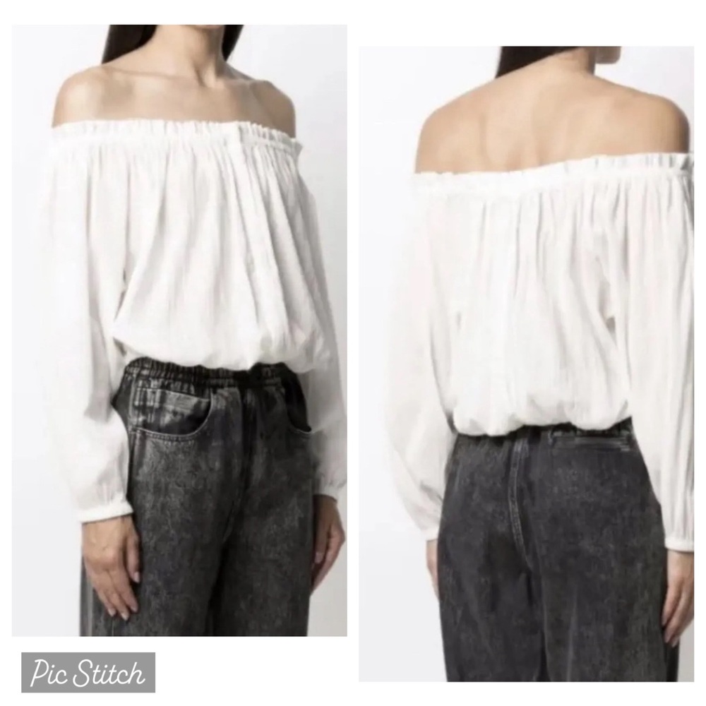 RAG & BONE Peasant Blouse Elastic Off Shoulder White Buttons Long Sleeve -Small